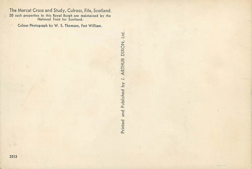 Der Mercat Cross und das Study, Culross, Fife, Schottland — Farbfoto von W. S. Thomson, veröffentlicht von J. Arthur Dixon, Ltd. - Rückseite