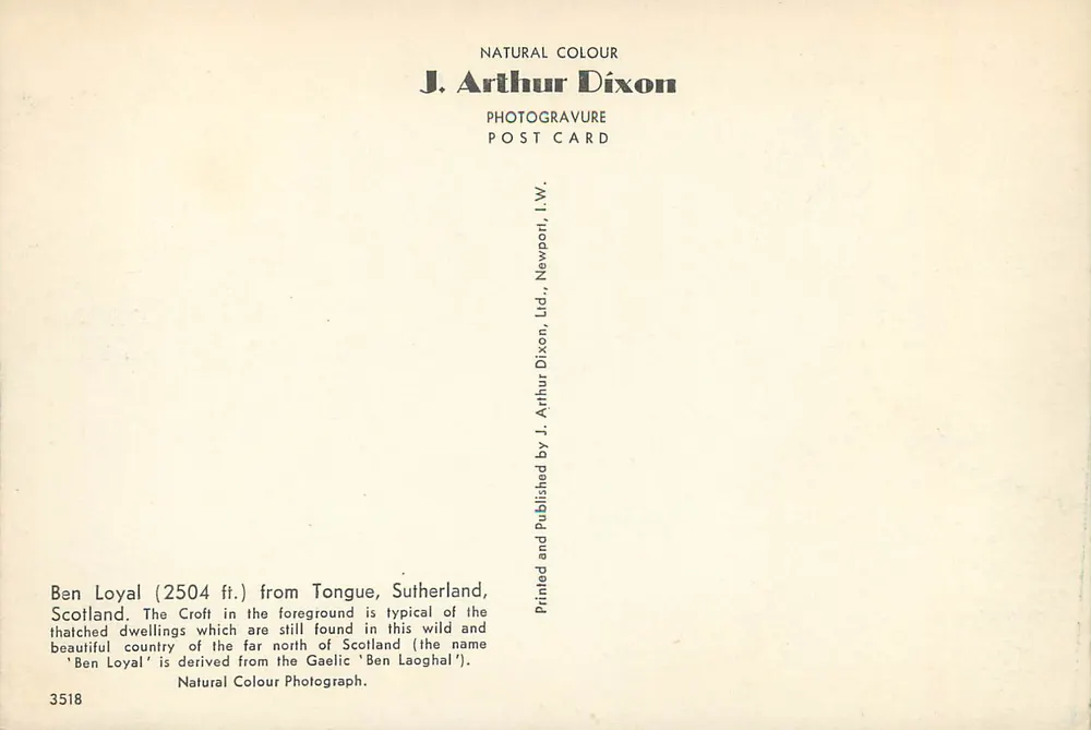 Ben Loyal — vista del Croft en Tongue, Sutherland — J. Arthur Dixon, n° 3518 - Reverso