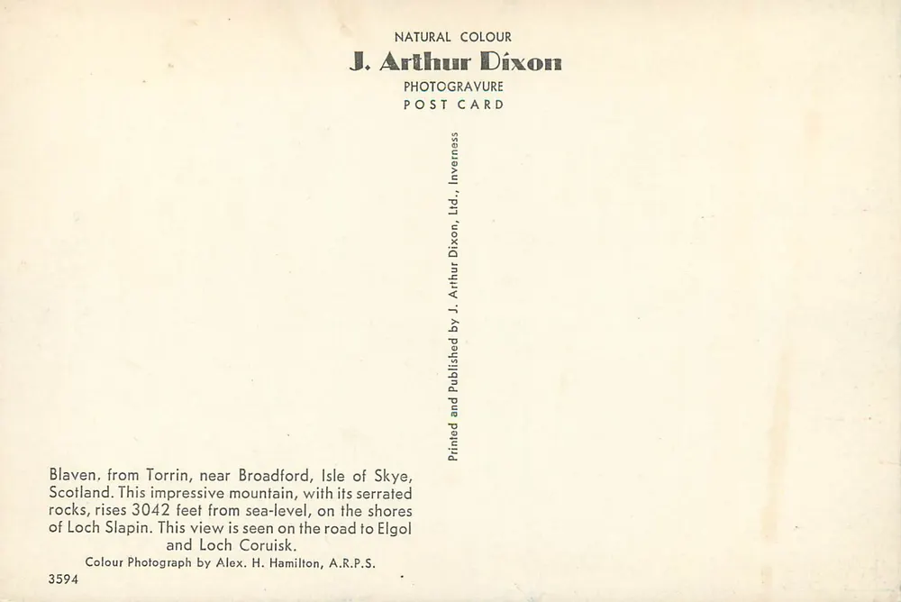 Blaven — Berg mit 3042 Fuß Höhe — J. Arthur Dixon, Nr. 3594 - Rückseite