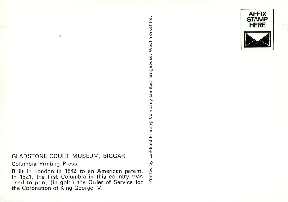 Gladstone Court Museum, Biggar — Columbia Printing Press — Larkfield Printing Company Limited - Verso