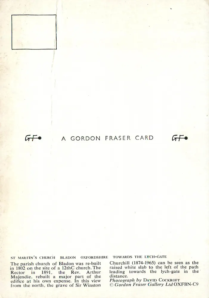 St Martin's Church Bladon — Blick zum lych-gate — Gordon Fraser Card - Rückseite
