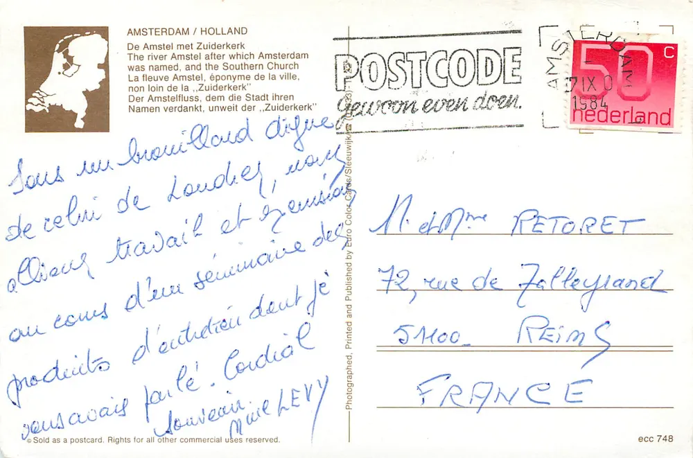 Amsterdam — Ansicht des Kanals mit der Zuiderkerk — Ero Color Cards, Nr. ecc 748 - Rückseite