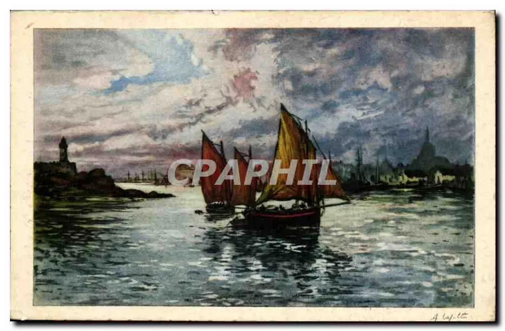 Segelboote auf einem Hafen — Ansicht von der Spitze der Insel — Kupferstich signiert von A. W. und in Paris veröffentlicht - Vorderseite