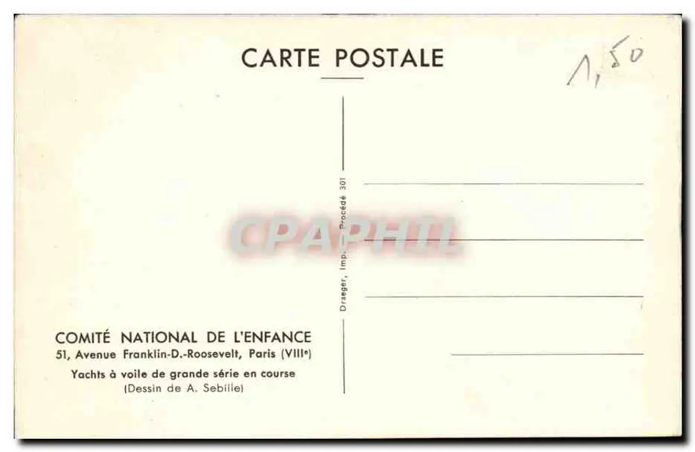 Segelyachten in einem Rennen — Zeichnung von A. Sebille — COMITÉ NATIONAL DE L'ENFANCE, Paris - Rückseite