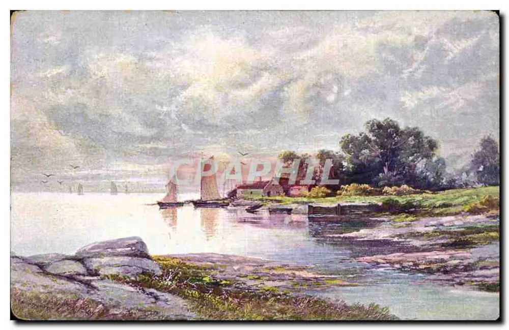 Ansicht eines Flusslandschafts — Boote und Haus am Wasser — unbekannter Verlag - Vorderseite