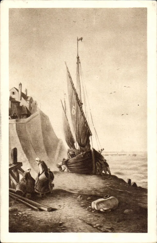 Hafenszene — Segelboot am Kai — Verlag unbekannt - Vorderseite