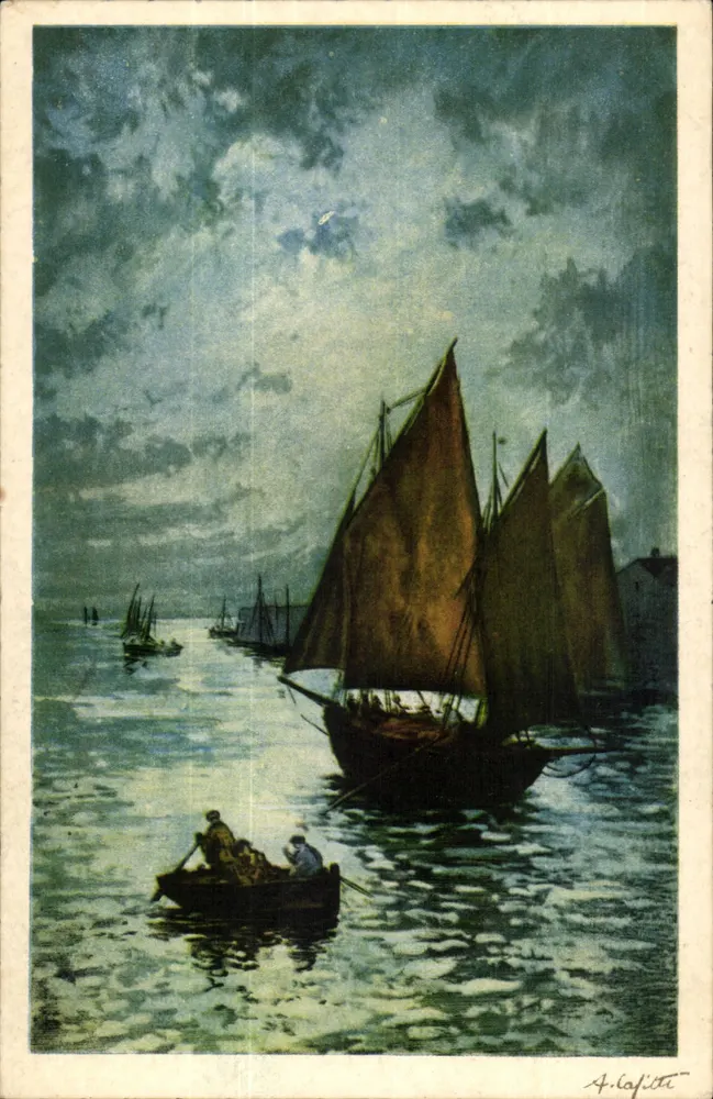 Maritimes Bild — Segelschiffe und Kahn — signierte Gravur von A. Lafitte - Vorderseite