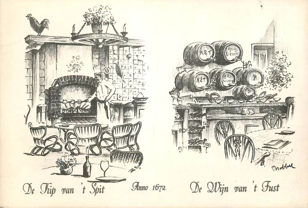 Die Kochkunst und der Wein — De Kip van 't Spit und De Wijn van 't Fust — Herberghe Het Wapen van Amsterdam - Vorderseite
