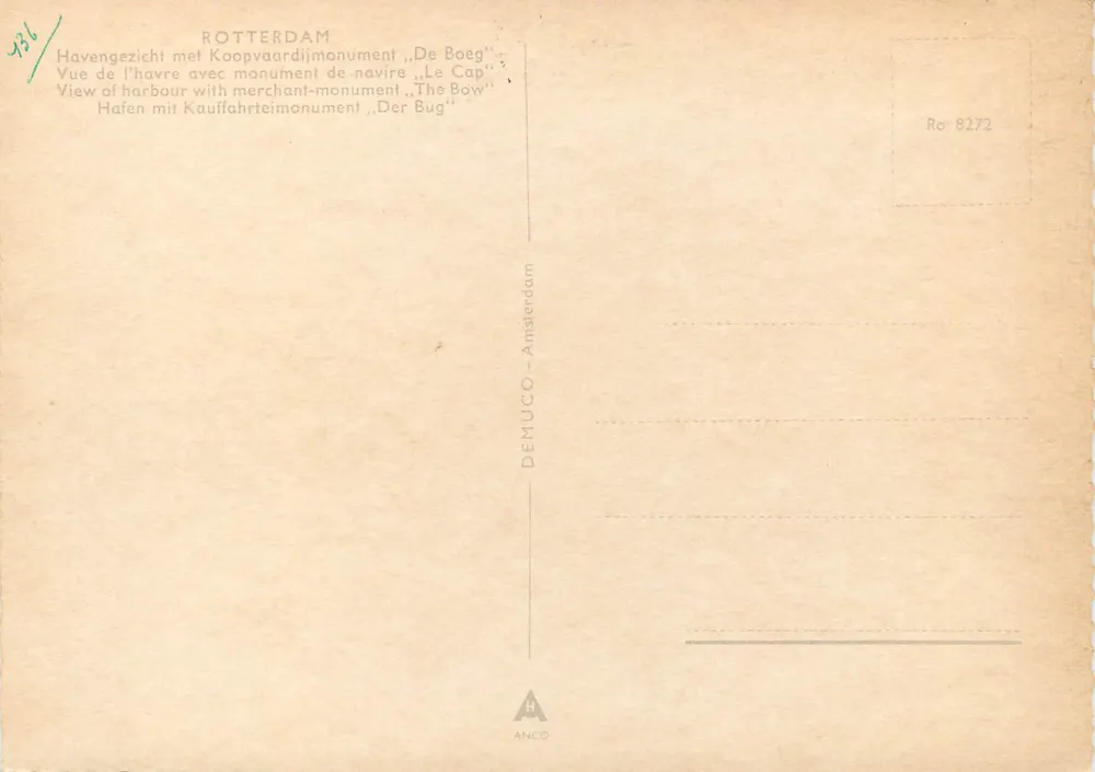 Rotterdam — Ansicht des Hafens mit dem Denkmal 'De Boeg' — DEMU CO - Amsterdam, n° Ro 8272 - Rückseite