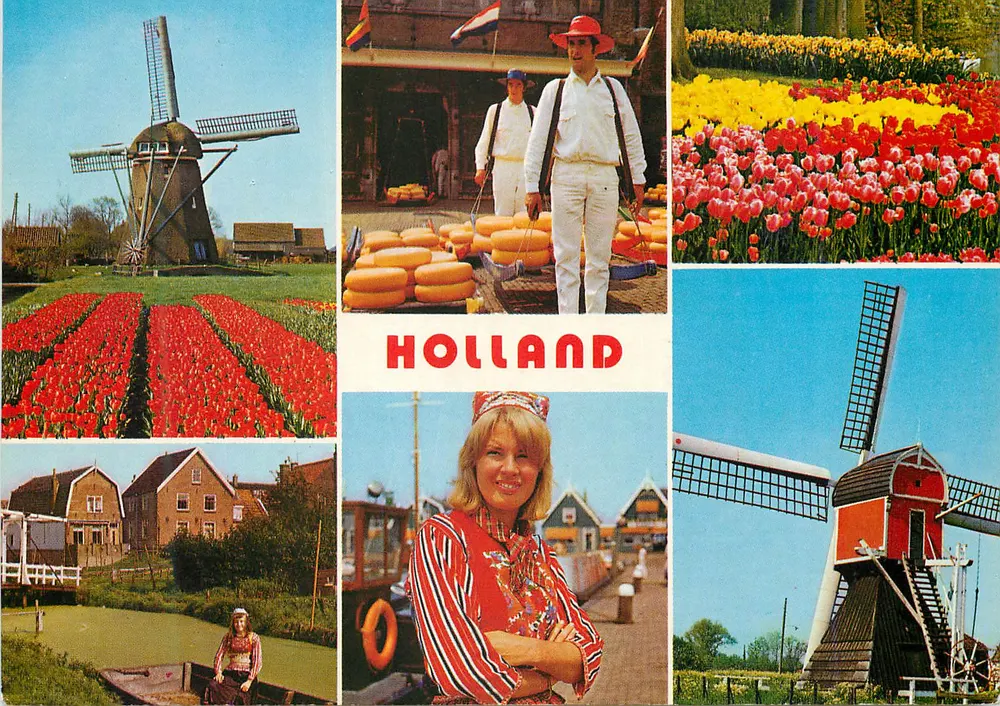 Paisagens holandesas — moinho de vento, campos de tulipas, queijos, canal e mulher trajada — editor VITA NOVA, n° de série VN 417 - Frente