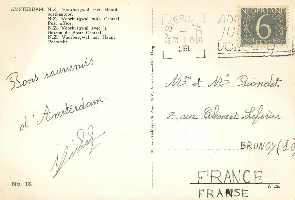 Amsterdam, N.Z. Voorburgwal mit Hoofdpostkantoor — Aussicht vom alten Postgebäude — Verlag M. van Gelderen & Zoon N.V., Den Haag, Nr. 13 - Rückseite