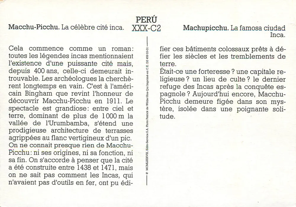 Machu Picchu — verlorene Inka-Stadt — Éditions Patrick de Wilde, Serie XXX-C2 - Rückseite