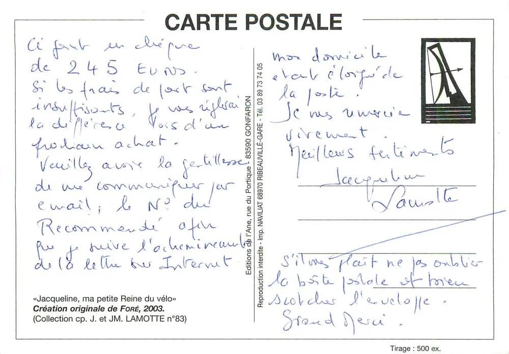 Jacqueline, meine kleine Königin des Fahrrads — Originalschöpfung von Foré, 2003 — Éditions de l’Ane, Imp. Navilat - Rückseite
