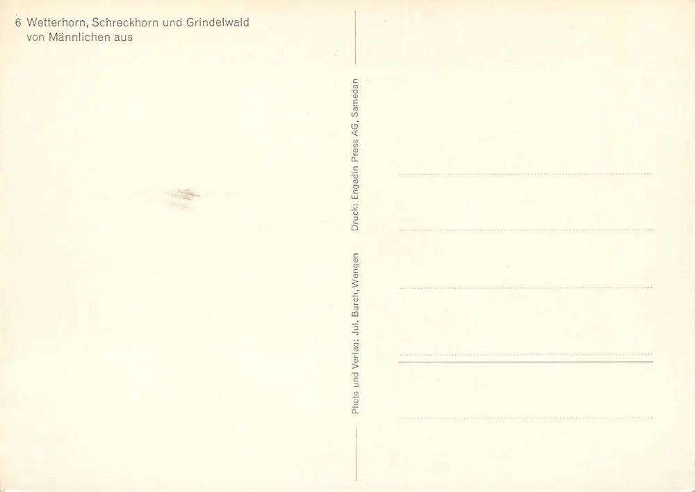 Wetterhorn, Schreckhorn und Grindelwald — Ansicht von Männlichen — Foto und Druck von Jul. Burch, Samedan AG, Wengen - Rückseite