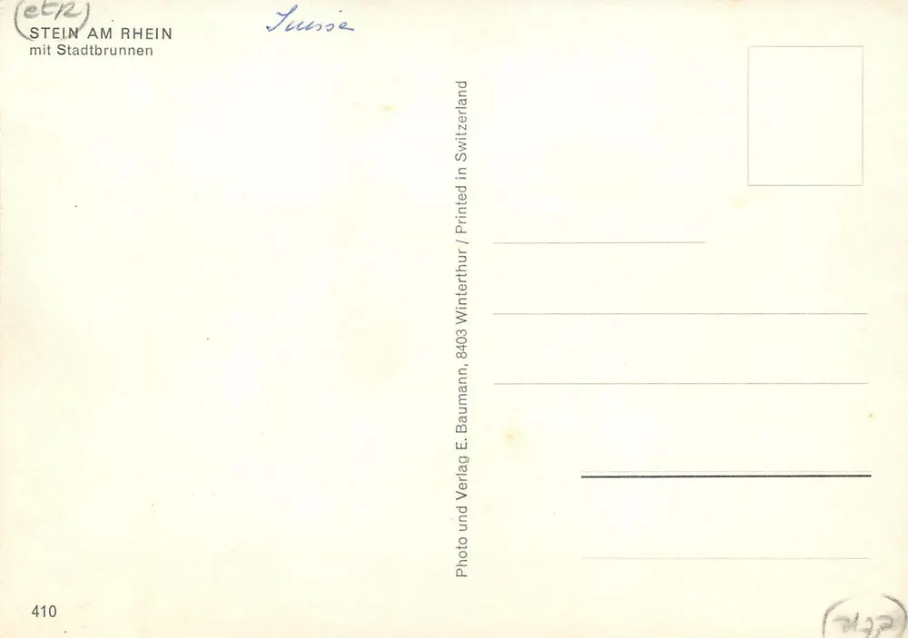 Stein am Rhein — place centrale avec fontaine et façades à colombages — E. Baumann, n°410 - Verso