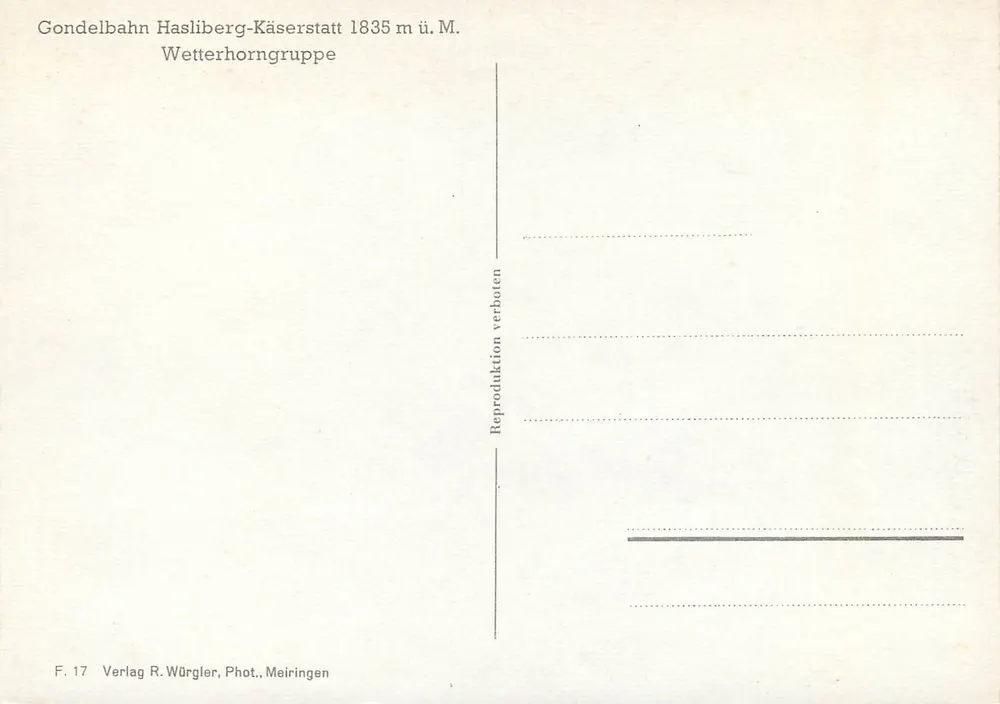 Gondelbahn Hasliberg-Käserstatt — 1835 m ü. M. — Verlag R. Würgler, Phot., Meiringen - Rückseite