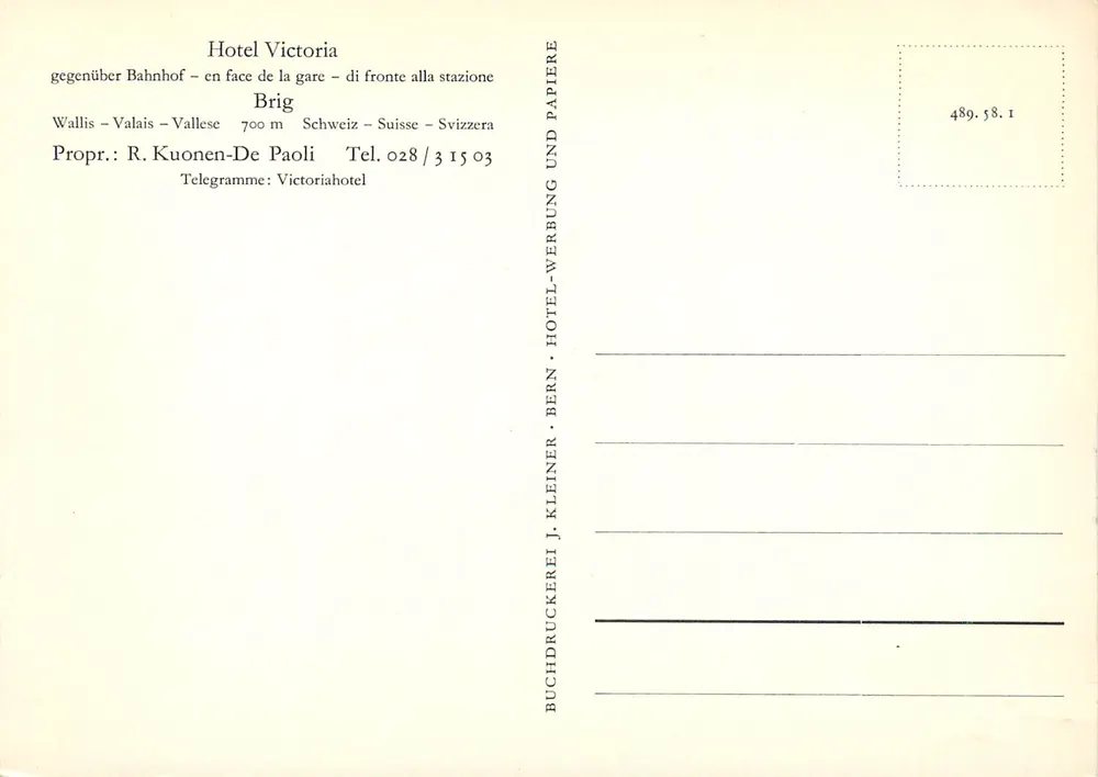 Hotel Victoria — Brigue — Verlag J. Kleiner, Bern - Rückseite