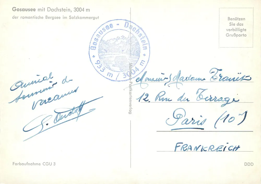 Gosausee mit dem Dachstein, 3004 m — romantische Ansicht des Alpensees — Verlag CGU - Rückseite