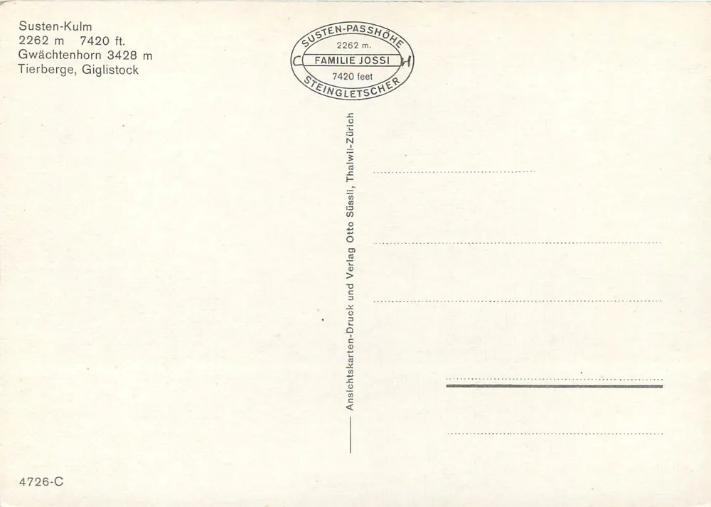 Susten-Kulm — 2262 m — Verlag Otto Jossi, Nr. 4726-C - Rückseite