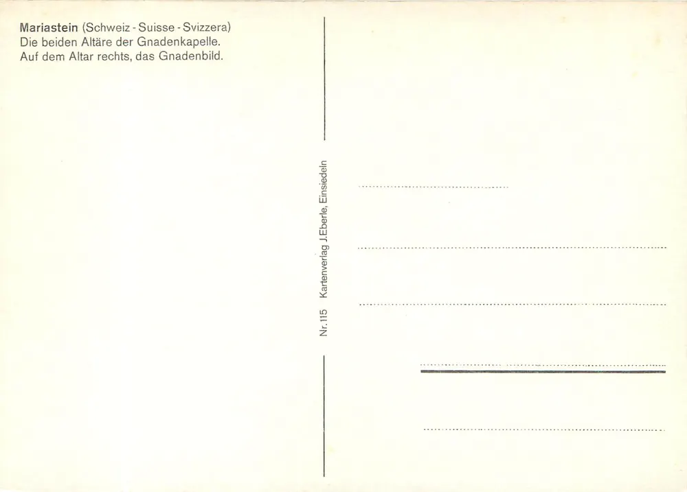 Mariastein (Schweiz) — Die beiden Altäre der Kapelle der Gnaden — Verlag J. Eberle, Einsiedeln, n° 115 - Rückseite