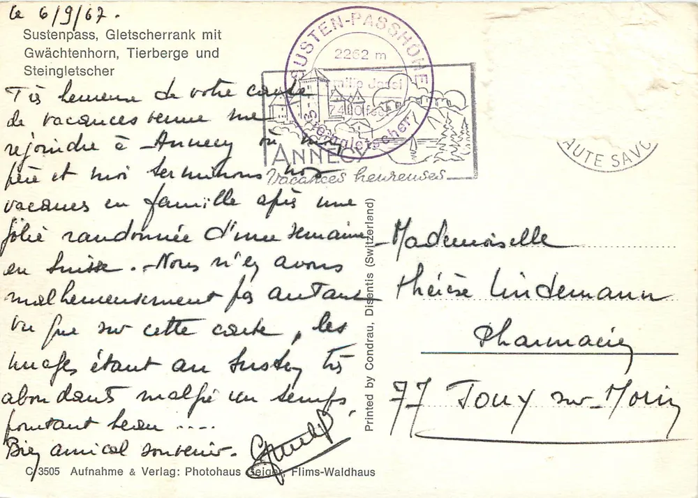 Sustenpass, Gletscher und Berge — Photohaus Geigis, Flims-Waldhaus, n° C 3505 - Rückseite