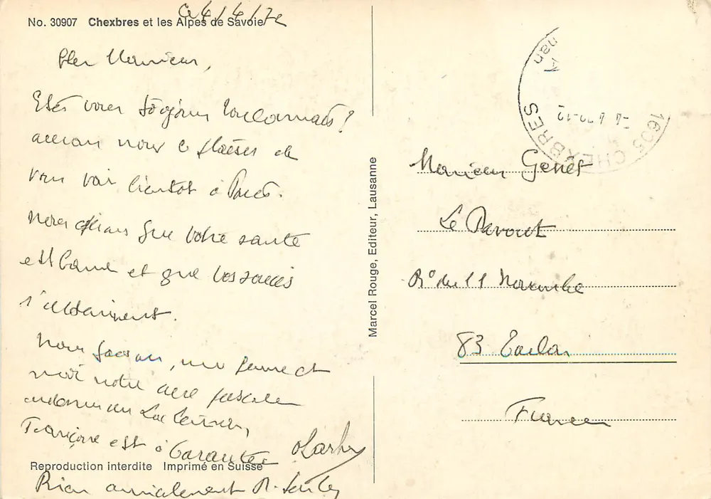 Chexbres e as Alpes da Saboia — Marcel Rouge, Lausanne, n° 30907 - Verso