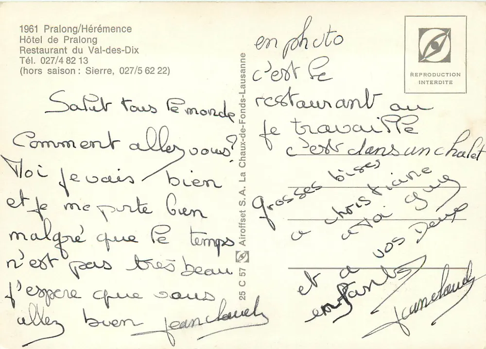Pralong/Hérémente — Hotel de Pralong, Restaurante del Val-des-Dix — Airoffset S.A. n°25 C 57 - Reverso