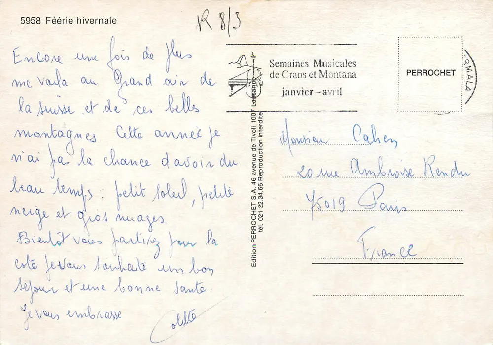Chalé nevado — montanhas suíças — Edição PERROCHET S.A. - Verso