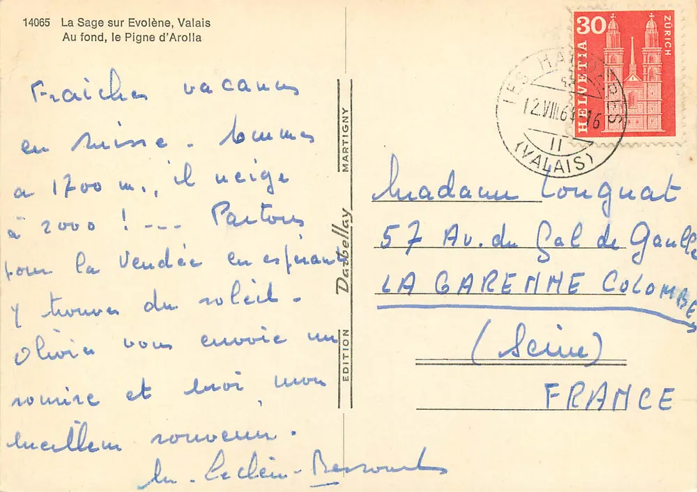 La Sage bei Évolène, Valais — Aussicht auf den Pigne d'Arolla — Ausgabe Dabellay n°14065 - Rückseite
