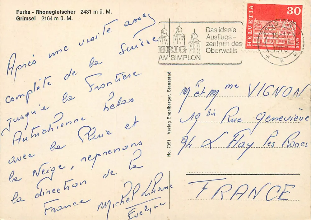 Furka-Grimsel — Berghellingen, gletsjer en kapel — Verlag Engelberger, n° 7351 - Achterkant