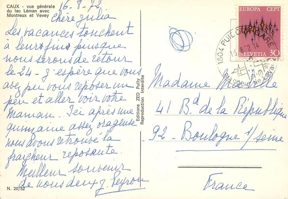 Allgemeiner Blick auf den See Léman mit Montreux und Vevey — Editions ZED, N. 20/52 - Rückseite