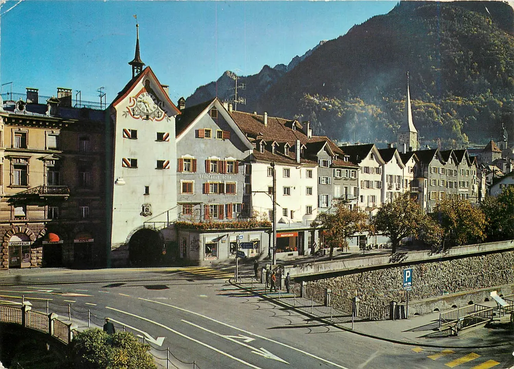 Chur, das Obertor — porte d'entrée avec horloge et éditeur Photohaus Geiger, Flims-Waldhaus n°6060 - Frente