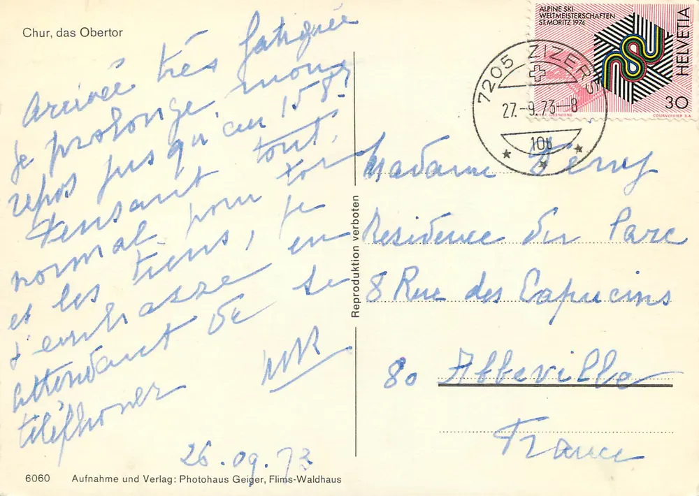 Chur, das Obertor — porte d'entrée avec horloge et éditeur Photohaus Geiger, Flims-Waldhaus n°6060 - Verso