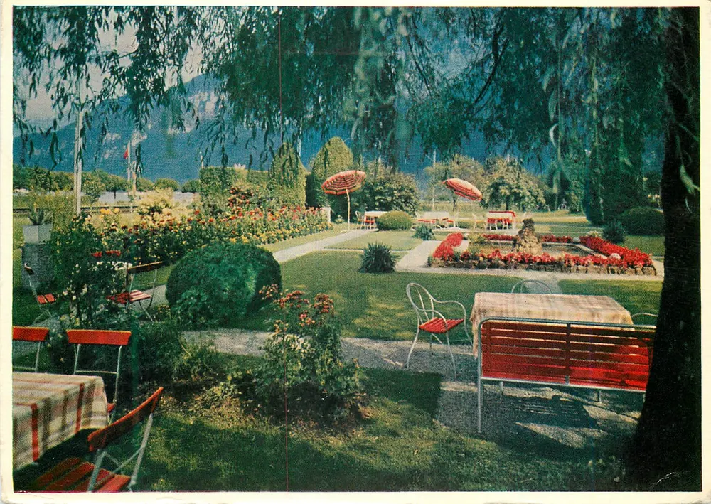 Garten des Strandbad-Hotels du Lac Därli gen — Thunersee — Verlag Schäferli AG, Interlaken - Vorderseite