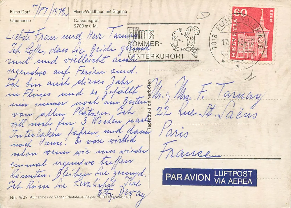 Flims — vista panorâmica e lago — editor Photohaus Geiger, n° 4/27 - Verso