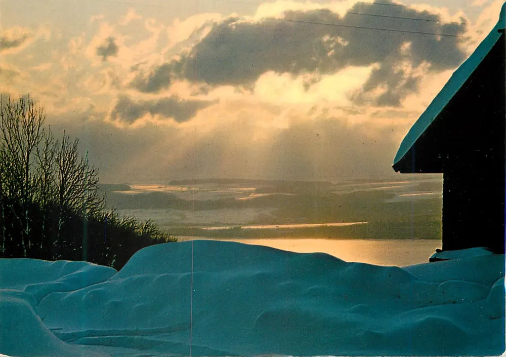 Paisagem invernal nevada — vista de um lago — Edição Deriaz Baulme, n° 341-2 - Frente