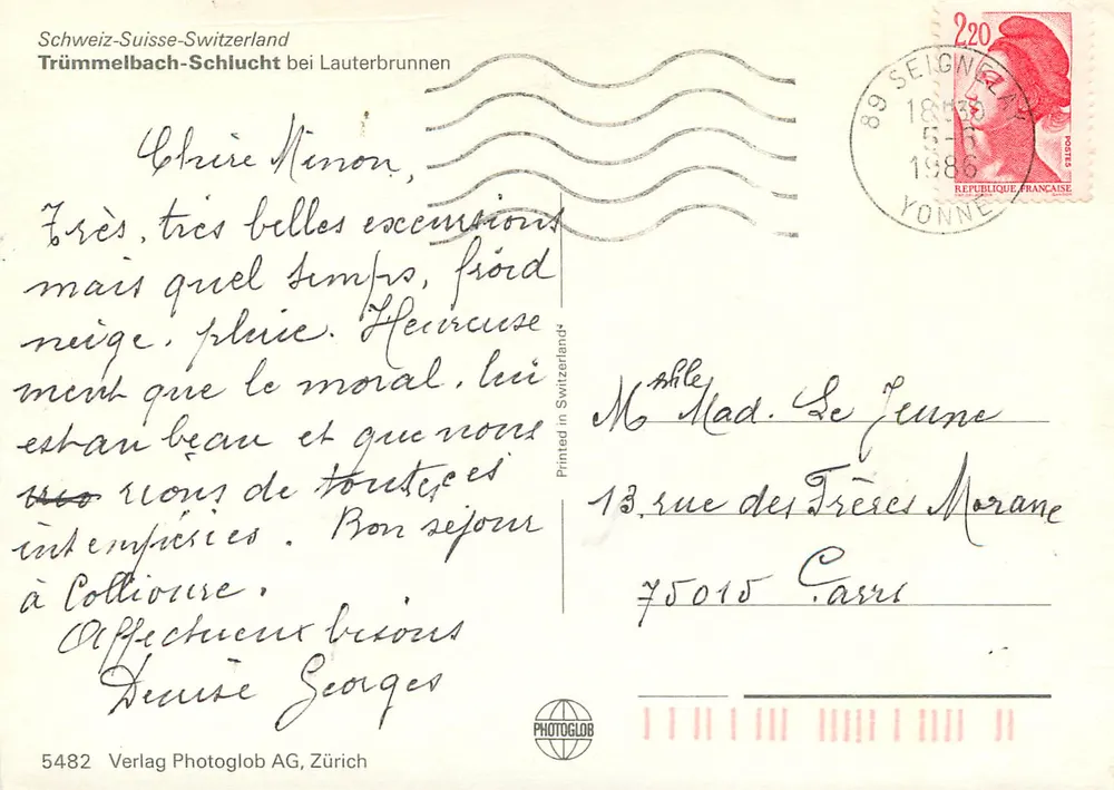 Trümmelbach-Schlucht perto de Lauterbrunnen — editor Photoglob AG, n° 5482 - Verso