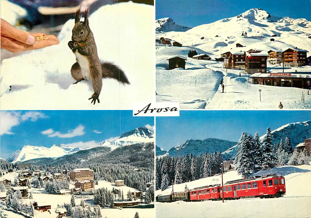 Arosa — Esquilo, estação de esqui, aldeia e trem vermelho — Genker Foto+Verlag Arosa - Frente