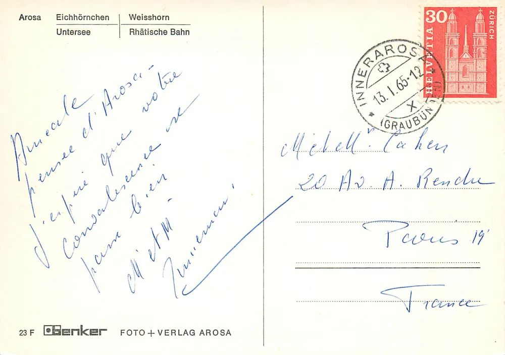 Arosa — Esquilo, estação de esqui, aldeia e trem vermelho — Genker Foto+Verlag Arosa - Verso