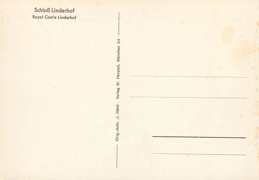 Schloss Linderhof — Castelo Real Linderhof — editor J. Härtl, München 54 - Verso