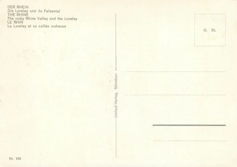Rhin i Lorelei — skałowa dolina — Umlauf-Verlag, München, n° 104 - Rewers