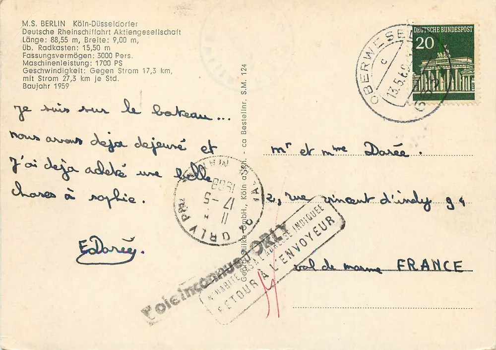 Navio MS Berlin — Rio Reno — Deutsche Rheinschiffahrt Aktiengesellschaft - Verso