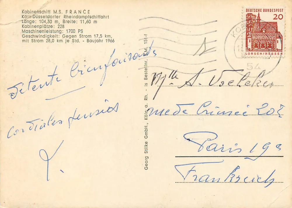 Cruzeiro pelo rio Reno — Navio M.S. FRANCE — Georg Stilke GmbH, Köln - Verso