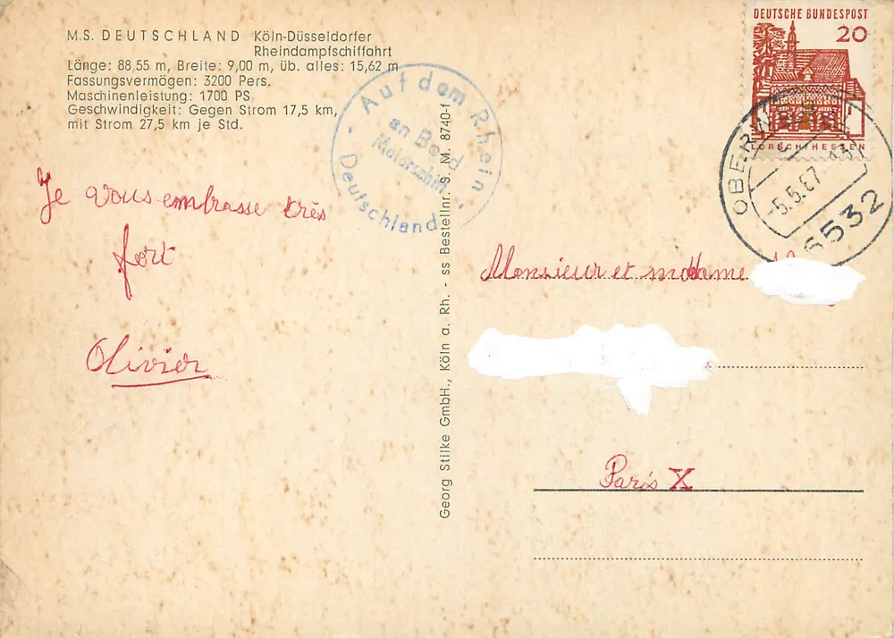 M.S. DEUTSCHLAND — Cruzeiro pelo Reno — Georg Stilke GmbH, Köln - Verso