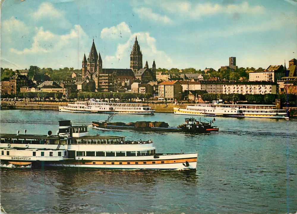 Mainz no Reno — vista do Reno com o Dom — Bildverlag J. Hinkkel, Mainz - Frente