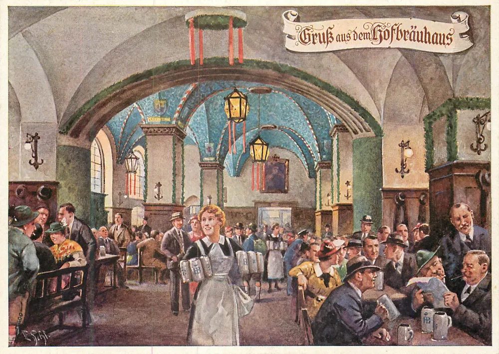 Gruss aus dem Hofbräuhaus — ilustração do interior do famoso pub — editor Münchener Bildkunstverlag August Lengauer, n° 4003 - Frente