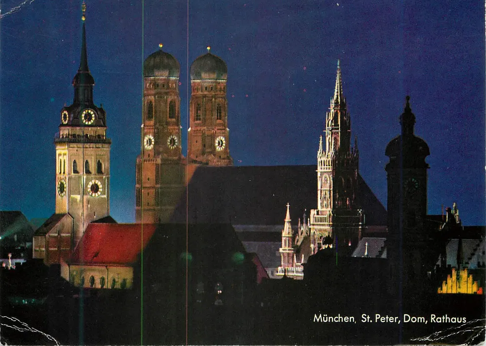 Munich, S. Pietro, Duomo, Rathaus — skyline notturno — editore non identificato, n. di serie 308 - Recto