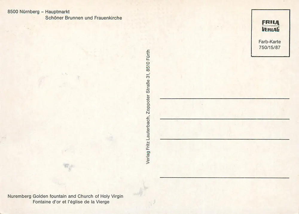 Nürnberg – Hauptmarkt – Schöner Brunnen und Frauenkirche — Frila Musikscharten Verlag, Serie 750/15/87 - Rückseite