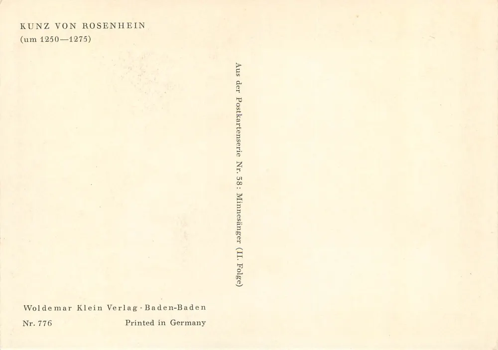 Dois personagens com falcão e cães — Kunz von Rosenheim (cerca de 1250-1275) — Woldemar Klein Verlag, Baden-Baden, série N° 776 - Verso