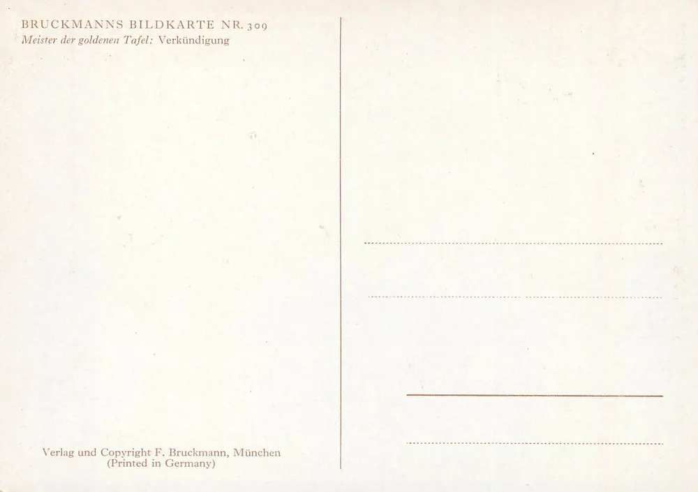 Geburtsankündigung — Szene der Verkündigung — Bruckmanns Bildkarte Nr. 309 - Rückseite